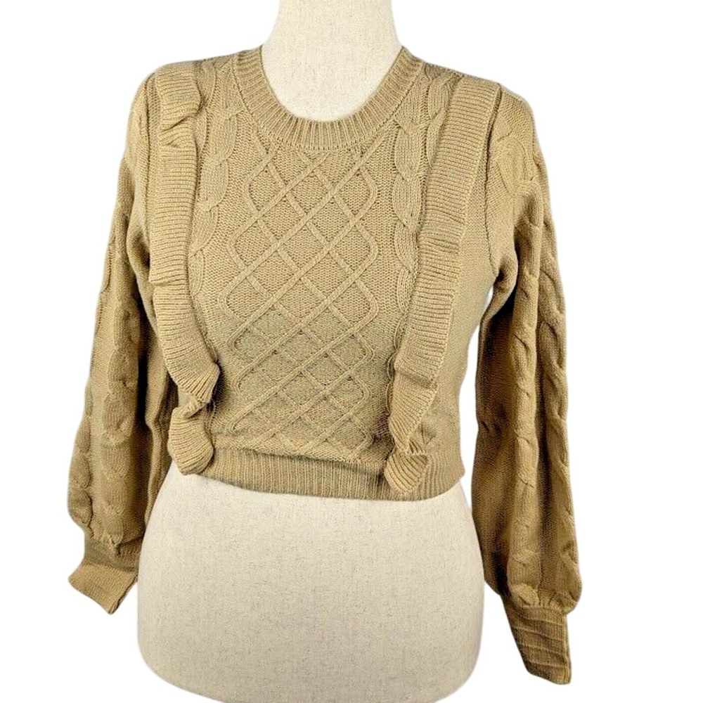 And Now This Cropped Knit Sweater Ruffled Front Camel Brown Women's Size XS